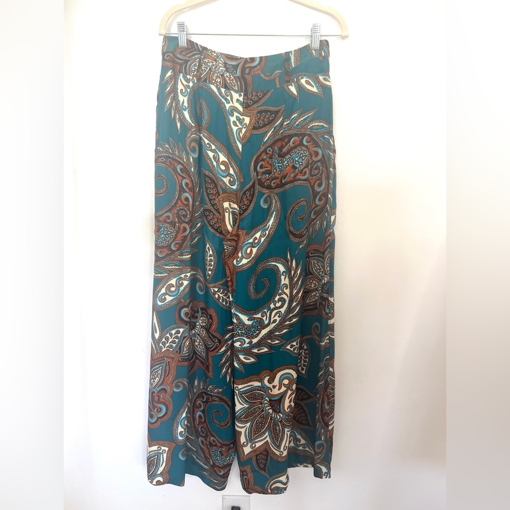 FARM Rio Teal & Brown Paisley Wide-Leg Palazzo Pants - Picture 7 of 12